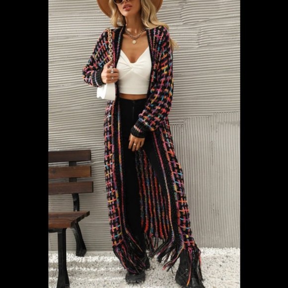 Multicolored Open Front Fringe Hem Cardigan - Picture 4 of 5